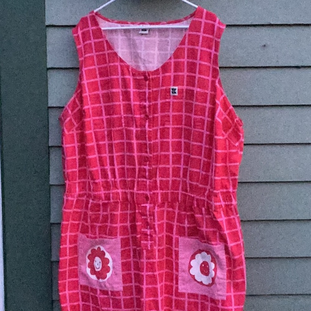 Lucy and Yak sleeveless Jumpsuit 3XL Red & Pink Grid Pattern w Flower Pockets